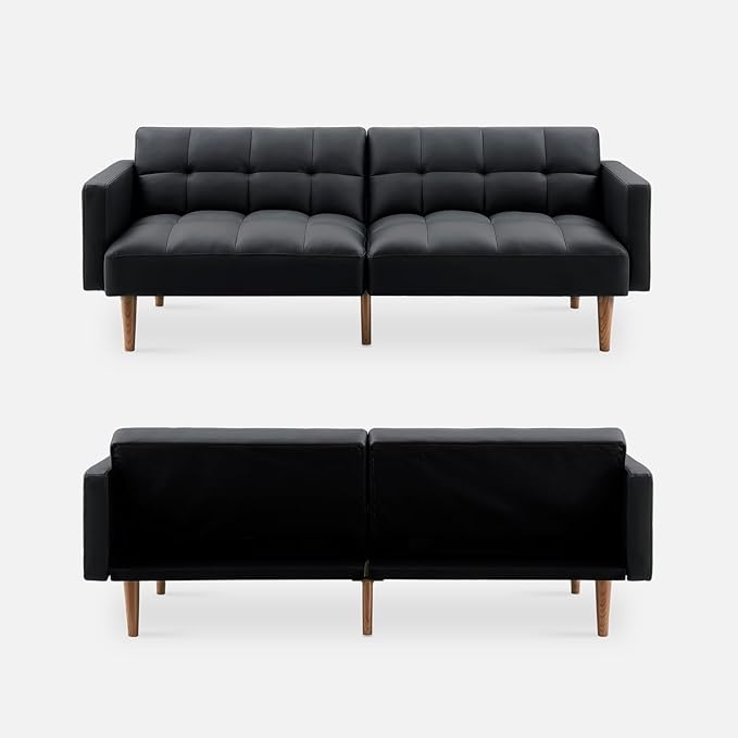 mopio Aaron Couch, Small Sofa, Futon, Sofa Bed, Sleeper Sofa, Loveseat, Mid Century Modern Futon Couch, Sofa Cama, Couches for Living Room, Bedroom (Midnight Black, Faux Leather) - LeafyLoom