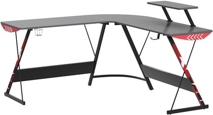 MOTPK L Shaped Gaming Desk with Carbon Fiber Surface, Corner Computer Desk L Shape with Monitor Shelf, Gamer Desk Gaming Table with Cup Holder & Headphone Hook, Black, 51 Inch - LeafyLoom