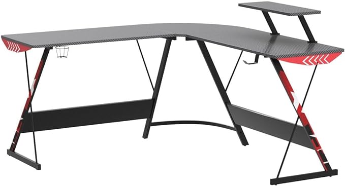 MOTPK L Shaped Gaming Desk with Carbon Fiber Surface, Corner Computer Desk L Shape with Monitor Shelf, Gamer Desk Gaming Table with Cup Holder & Headphone Hook, Black, 51 Inch - LeafyLoom