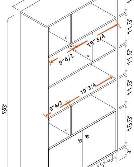 Modern Bookcase with 2 doors 68" Tall Storage Wooden Bookshelf with 7 Compartments for Home Office, Black - LeafyLoom