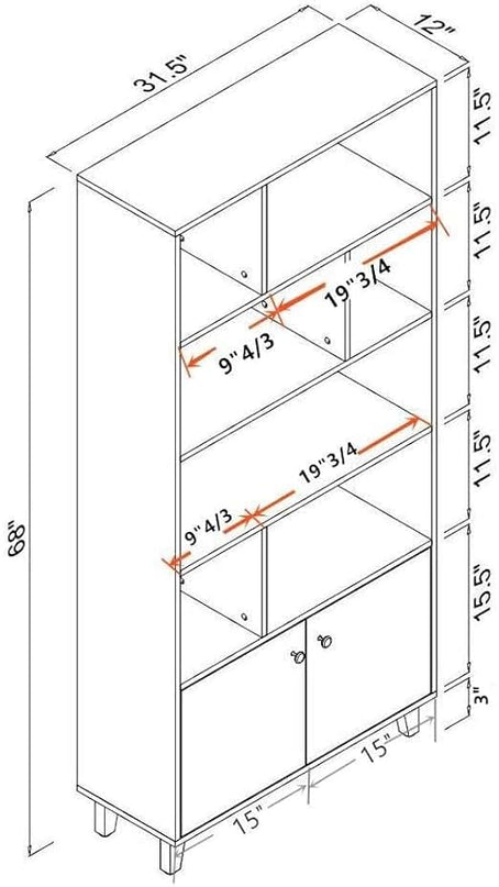 Modern Bookcase with 2 doors 68" Tall Storage Wooden Bookshelf with 7 Compartments for Home Office, Black - LeafyLoom