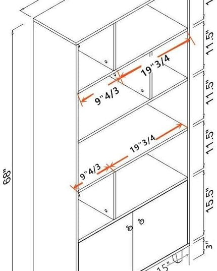 Modern Bookcase with 2 doors 68" Tall Storage Cabinet Wooden Bookshelf with 7 Compartments for Home Office, White Wash - LeafyLoom