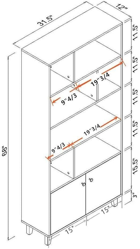 Modern Bookcase with 2 doors 68" Tall Storage Cabinet Wooden Bookshelf with 7 Compartments for Home Office, White Wash - LeafyLoom