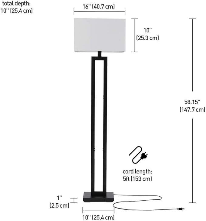 Globe Electric 67046 D'Alessio 58" Floor Lamp, Matte Black, White Linen Shade, On/Off Socket Rotary Switch - LeafyLoom