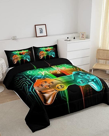 Feelyou Gamer Comforter Kids Gaming Video Game Comforter Set for Boys Teens Noverlty Modern Gamepad Bedding Set Breathable Gamer Console Bedding Duvet Set Bright Orange Green Room Decor King Size - LeafyLoom