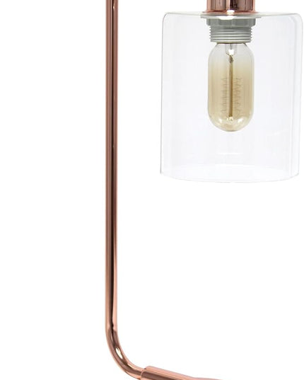 Simple Designs LD1066-RGD Bronson Antique Style Industrial Iron Lantern Desk Bedside Table Lamp with Dual 2 USB Charging Ports and Glass Shade, Rose Gold - LeafyLoom
