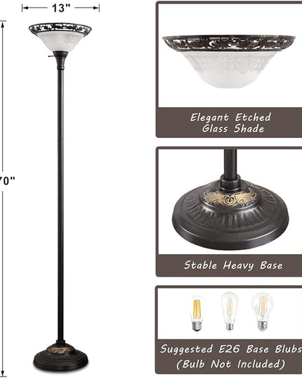 Luvkczc Victorian Floor Lamp, 70" Elegant Standing Lamp with Etched Glass Shade, Metal Body & Heavy Base, Vintage Tall Corner Lamp for bedroom, Living Room, Den, Office. No Bulbs (1 Head) - LeafyLoom