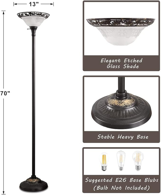 Luvkczc Victorian Floor Lamp, 70" Elegant Standing Lamp with Etched Glass Shade, Metal Body & Heavy Base, Vintage Tall Corner Lamp for bedroom, Living Room, Den, Office. No Bulbs (1 Head) - LeafyLoom