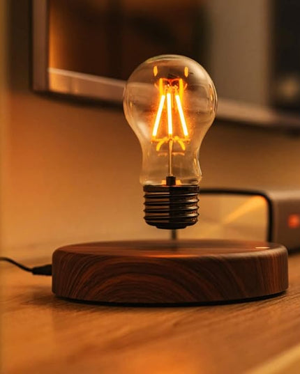Levitating Bulb Lamp Magnetic Floating Lamp Light Desk Lamp Night Light Table LED for Unique Gifts, Room Decor, Night Light, Home Office Decor Desk Tech Toys (Round-Dark Brown Base) - LeafyLoom