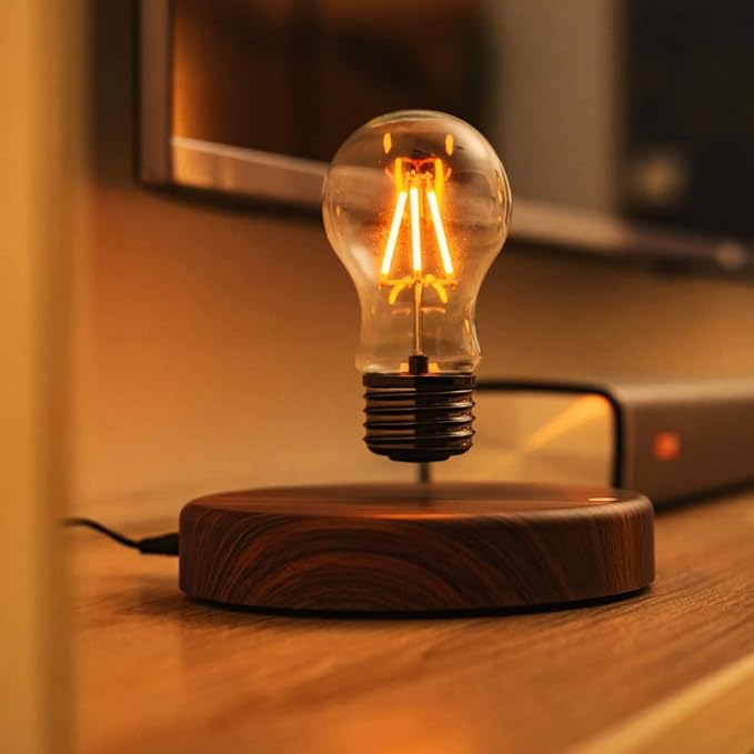 Levitating Bulb Lamp Magnetic Floating Lamp Light Desk Lamp Night Light Table LED for Unique Gifts, Room Decor, Night Light, Home Office Decor Desk Tech Toys (Round-Dark Brown Base) - LeafyLoom