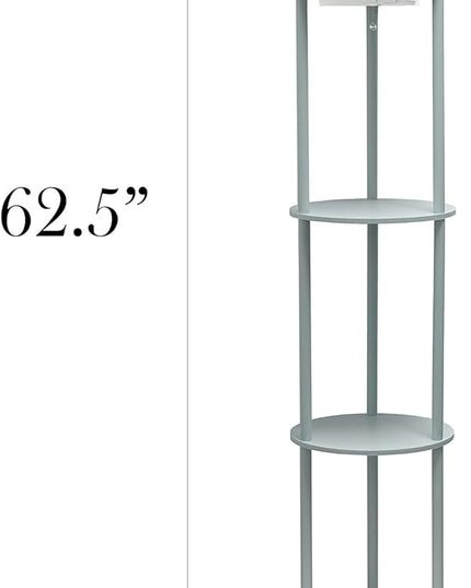 Simple Designs LF2010-GRY 62.5" Round Modern Shelf Etagere Organizer Storage Floor Lamp with 2 USB Charging Ports, 1 Charging Outlet and Linen Shade for Living Room Bedroom, Gray, 11.5 x 11.5 x 62.5 - LeafyLoom