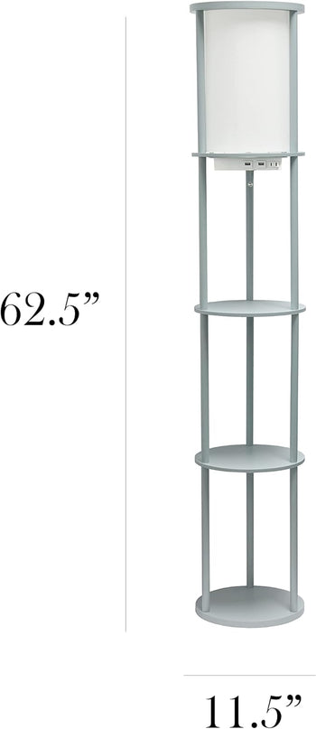 Simple Designs LF2010-GRY 62.5" Round Modern Shelf Etagere Organizer Storage Floor Lamp with 2 USB Charging Ports, 1 Charging Outlet and Linen Shade for Living Room Bedroom, Gray, 11.5 x 11.5 x 62.5 - LeafyLoom