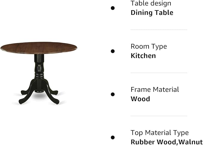 East West Furniture DMT-WBK-TP Dublin Dining Room Table - a Round kitchen Table Top with Dropleaf & Pedestal Base, 42x42 Inch, Walnut & Black - LeafyLoom