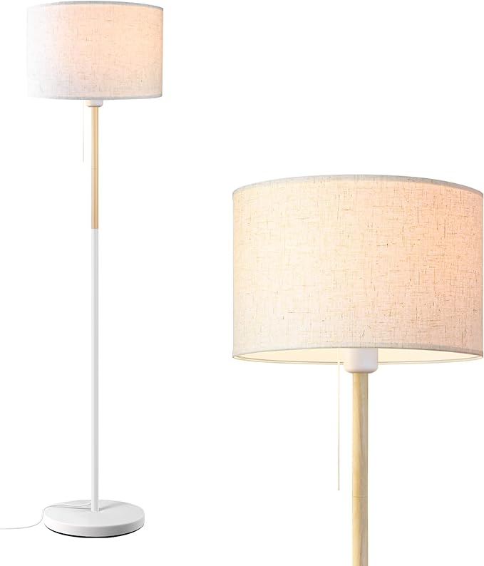 Modern Floor Lamp for Living Room Traditional Farmhouse Floor Lamps Mid-Century Pole Lamp with Linen Lamp Shade, Standing Tall Floor Lamps for Bedrooms and Office (White) - LeafyLoom