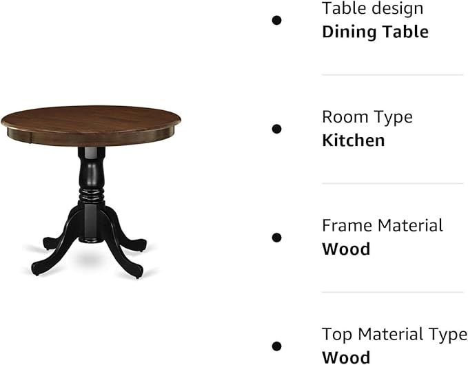 East West Furniture Antique Dining Round Wooden Table Top with Pedestal Base, 36x36 Inch, Walnut & Black - LeafyLoom