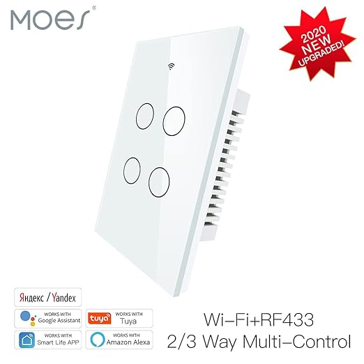 MOES 2.4GHz WiFi Wall Touch Smart Switch Neutral Wire Required, 3 Way Multi-Control, Glass Panel Light Switch Work with Smart Life/Tuya App, RF433 Remote Control, Alexa and Google Home White 4 Gang MOES