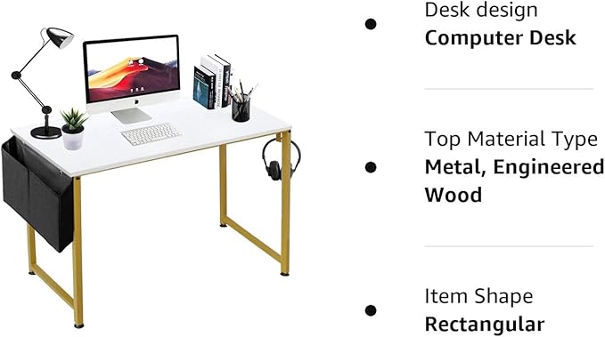 Lufeiya Computer Desk Small White Gold Writing Table for Home Office Compact Spaces 39 Inch Modern Student Study Desk,White Gold - LeafyLoom