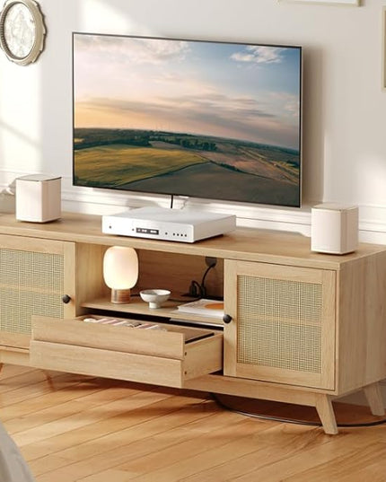 HOOBRO Rattan TV Stand for up to 65 inches TV, Large Boho Media TV Console with Charging Station, Mid Century Entertainment Center with Drawer and Adjustable Shelves for Living Room, Natural NL24UDS01 - LeafyLoom