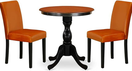 East West Furniture Eden 3 Piece Set Contains a Round Dining Room Table with Pedestal and 2 Baked Bean Faux Leather Upholstered Parson Chairs, 30x30 Inch, ESAB3-BCH-61 - LeafyLoom