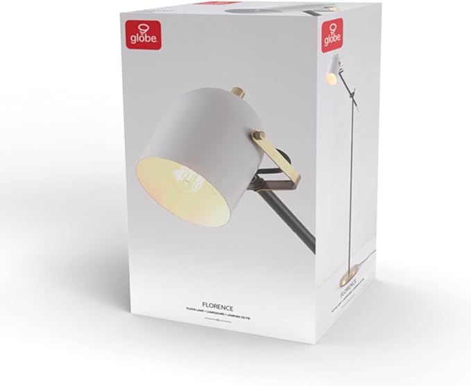 Globe Electric 65910 65" Floor Lamp, Matte Black, Brass Accents, White Shade, On/Off Rotary Switch on Head - LeafyLoom