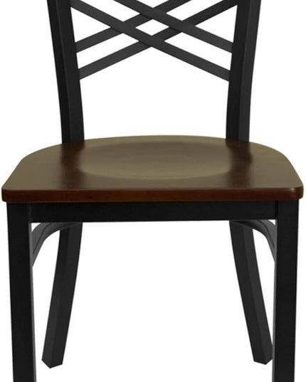 Flash Furniture HERCULES Series Black ''X'' Back Metal Restaurant Chair - Mahogany Wood Seat - LeafyLoom