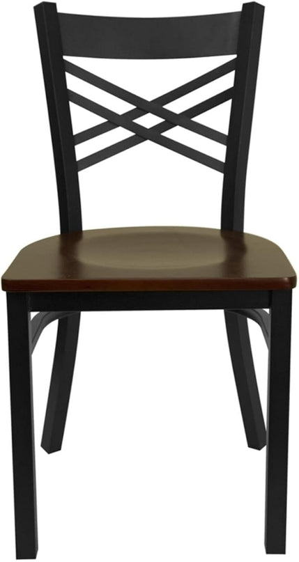 Flash Furniture HERCULES Series Black ''X'' Back Metal Restaurant Chair - Mahogany Wood Seat - LeafyLoom