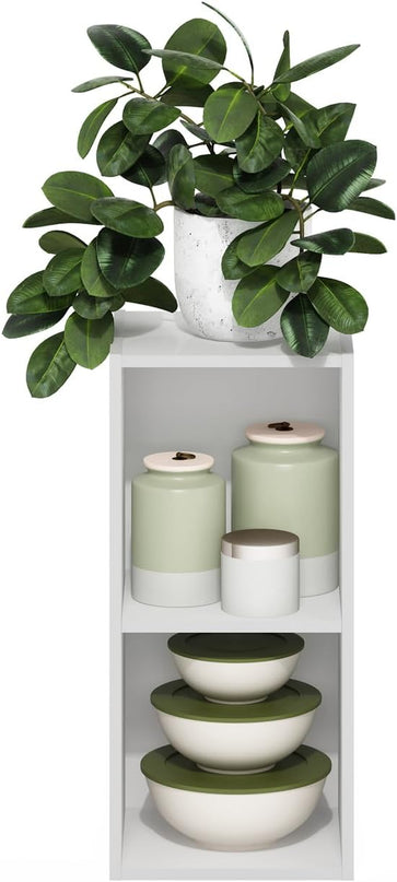 Furinno Fulda 2-Tier Space Saving Storage Shelf Bookcase, 10-Inch Width, White - LeafyLoom