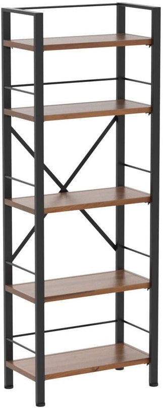 Rustic Bookshelf, 5 Tier Real Wood Bookshelf, Metal Book Shelf for Storage, Black Bookcase, 12.6" D x 23.62" W x 64.17" H - LeafyLoom