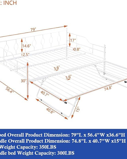 Full Daybed with Trundle, Metal Day Bed with Pull Out Trundle, Sofa Bed with Twin Size Portable Folding Trundle, Bed Frame for Bedroom, Living Room, Guest Room, Home, No Box Spring Needed, White - LeafyLoom