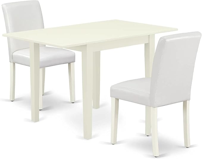 East West Furniture 1NDAB3-LWH-64 3 Piece Kitchen Set Contains a Rectangle Room Table with Dropleaf and 2 White Faux Leather Parsons Dining Chairs, 30x48 Inch - LeafyLoom