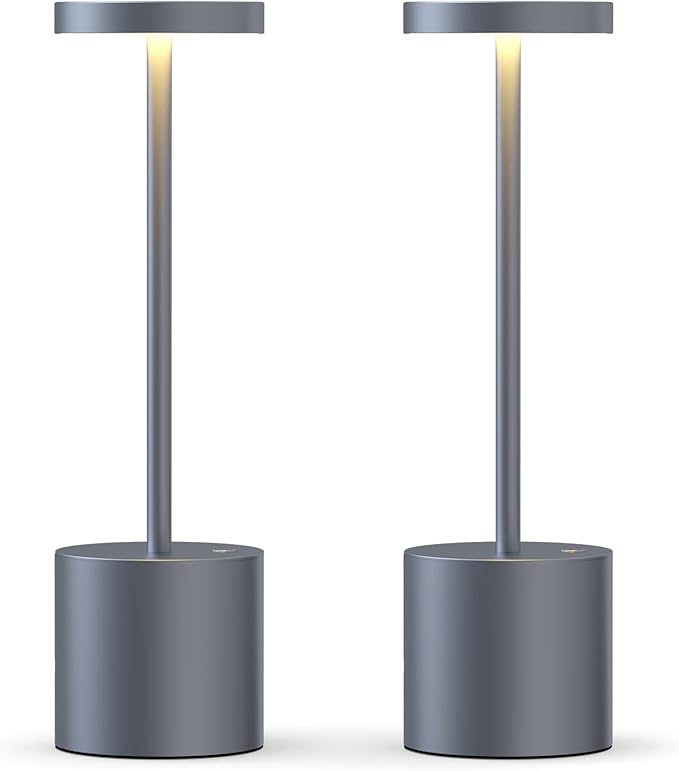 2 Pack Cordless LED Table Lamp, 5000 mAh Rechargeable Battery 3 Lighting Modes Dimmable Light Portable Desk Lamps, for Restaurant, Terrace (Grey) - LeafyLoom