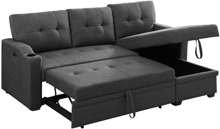 83 Inch Convertible L Shaped Sleeper Sectional Sofa Linen with Storage Chaise, Pull Out Bed, Cup Holder, USB Charging Port, Side Pocket, Reversible Corner Couch Design, 83inch, Black - LeafyLoom