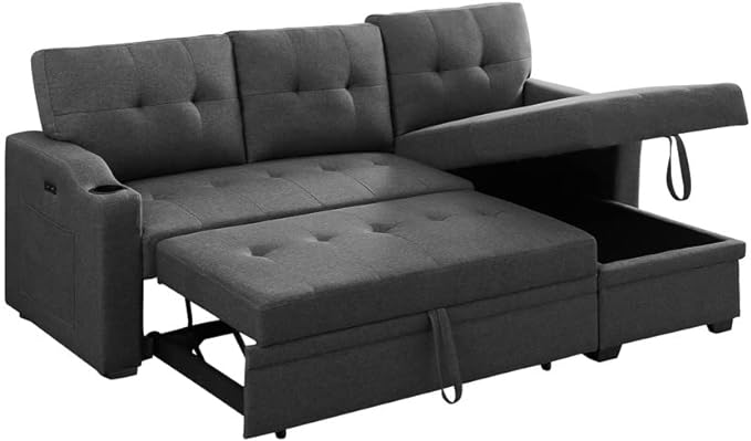 83 Inch Convertible L Shaped Sleeper Sectional Sofa Linen with Storage Chaise, Pull Out Bed, Cup Holder, USB Charging Port, Side Pocket, Reversible Corner Couch Design, 83inch, Black - LeafyLoom