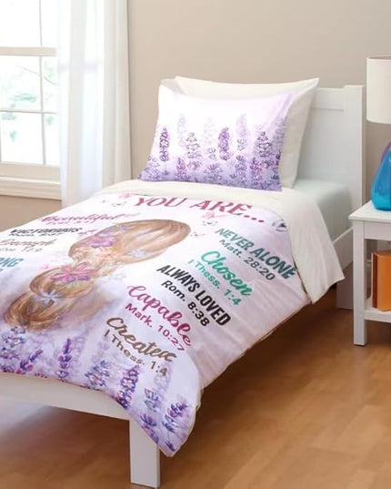 Girls Purple Comforter Sets Twin Size for Girls, Pretty Blonde Girls Love Purple Floral Quilt Bedding Sets for girls Bed in A Bag Comforter Set with 2 Pillowcases - LeafyLoom