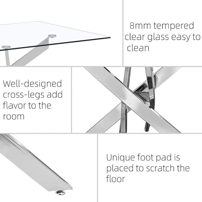 Tempered Glass Dining Table with Chromed Legs,47" Modern Rectangular Kitchen Table for Dining Room Kitchen,Sliver - LeafyLoom