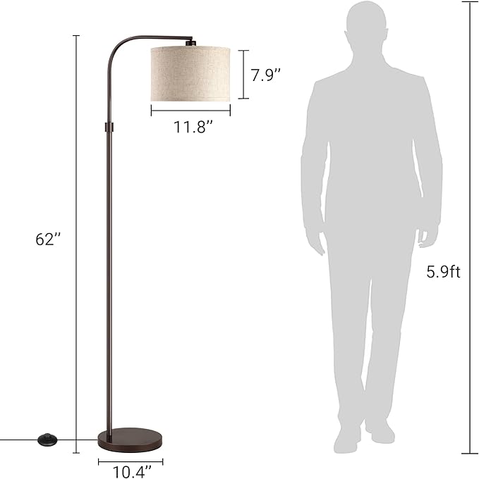 EDISHINE Arched Floor Lamps for Living Room, Standing Tall Arc Lamp with Adjustable Linen Shade, Minimalist Reading Light for Corner, Over Couch Arched Lamp for Bedroom, Office, Kids Room, Bronze - LeafyLoom
