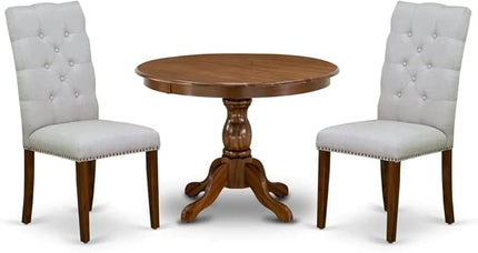 East West Furniture HBEL3-AWA-05 Hartland 3 Piece Set for Small Spaces Contains a Round Dining Room Table with Pedestal and 2 Grey Linen Fabric Parson Chairs, 42x42 Inch - LeafyLoom