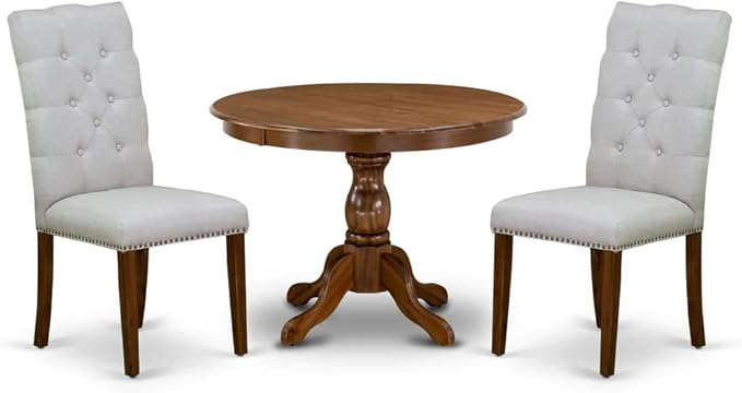 East West Furniture HBEL3-AWA-05 Hartland 3 Piece Set for Small Spaces Contains a Round Dining Room Table with Pedestal and 2 Grey Linen Fabric Parson Chairs, 42x42 Inch - LeafyLoom