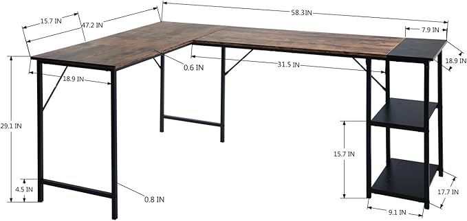 FurnitureR L-Shaped 58.3''Corner Computer Desk with Storage Shelf Long Gaming Desk for Home Office PC Workstation Saving Space Laptop Table (Brown and Black) - LeafyLoom