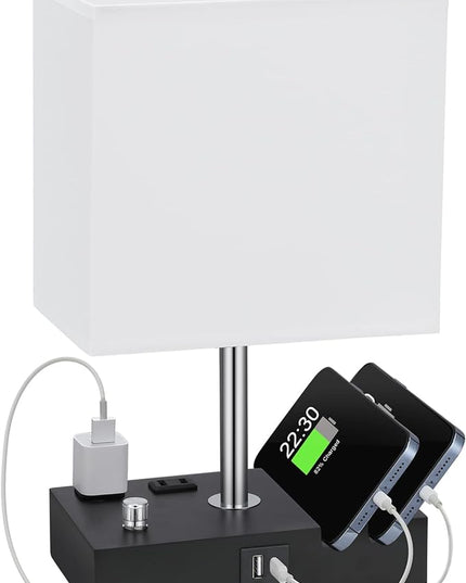 Kakanuo Table Lamp for Bedroom with Dual USB Ports, White Fully Dimmable Bedside Lamp with Phone Stands and 2 Charging Outlets, Desk Lamp for Nightstand and Living Room, LED Bulb Included - LeafyLoom