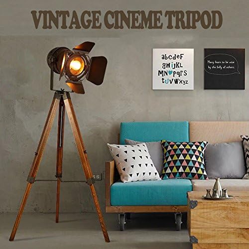 Decoluce Vintage Tripod Floor Lamp, Height Adjustable Wooden Camera Tripod Rotatable Spotlight Tall Standing Light, Nostalgic Cinema lamps for Living Room, Bedroom, Studios Decor(Black) - LeafyLoom