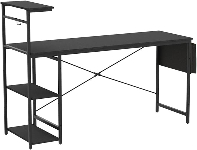 Bestier Gaming Desk with Shelves, 61 Inch Large PC Gaming Table with LED Lights, Led Gamer Desk with 4 Tiers Reversible Storage Shelves for Game & Bedroom Room (Black Grained) - LeafyLoom