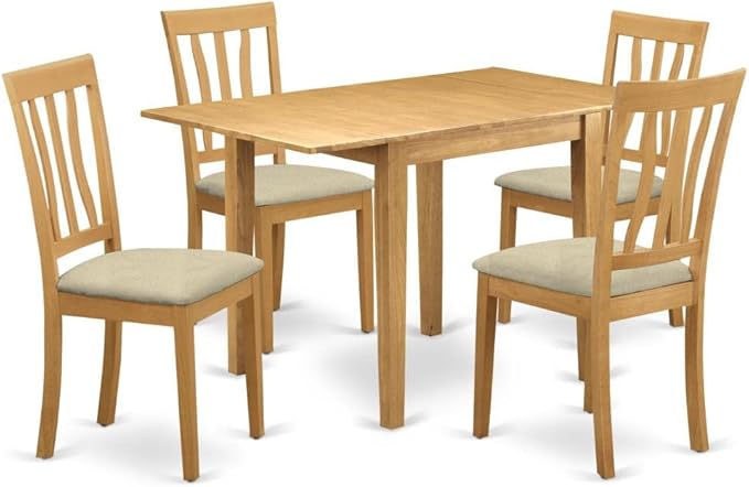East West Furniture NDAN5-OAK-C Norden 5 Piece Room Set Includes a Rectangle Kitchen Table with Dropleaf and 4 Linen Fabric Upholstered Dining Chairs, 30x48 Inch, Oak - LeafyLoom