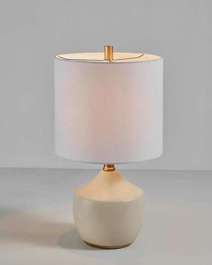 Globe Electric Novogratz x 61000042 Novogratz x Globe 16" Ceramic Table Lamp, Cream Finish, Concrete Textured Body, Brass Base, White Linen Shade, Brass Accents, On/Off Rotary Switch on Socket - LeafyLoom