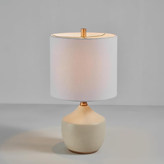 Globe Electric Novogratz x 61000042 Novogratz x Globe 16" Ceramic Table Lamp, Cream Finish, Concrete Textured Body, Brass Base, White Linen Shade, Brass Accents, On/Off Rotary Switch on Socket - LeafyLoom