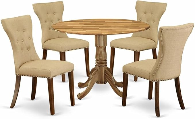 East West Furniture Dublin 5 Piece Kitchen Set Includes a Round Table with Dropleaf and 4 Brown Linen Fabric Parson Dining Chairs, 42x42 Inch, DLGA5-ANA-03 - LeafyLoom