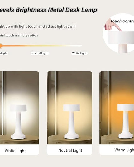 Portable LED Table Lamp, 3-Levels Brightness Metal Desk Lamp, 3 Color Touch Control Rechargeable Lamp, Night Light, Bedside Lamp,Dining Room Lamp,Gifts for Friends (White) - LeafyLoom