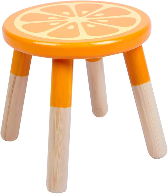 9 Inch Kids Solid Hard Wood Fruit Chair, Crafted Hand-Painted Wood with Assembled Four-Legged Sitting Stool, Bedroom, Playroom, Orange Furniture Stool for Toddler, Children, Boys, Girls(Orange) - LeafyLoom