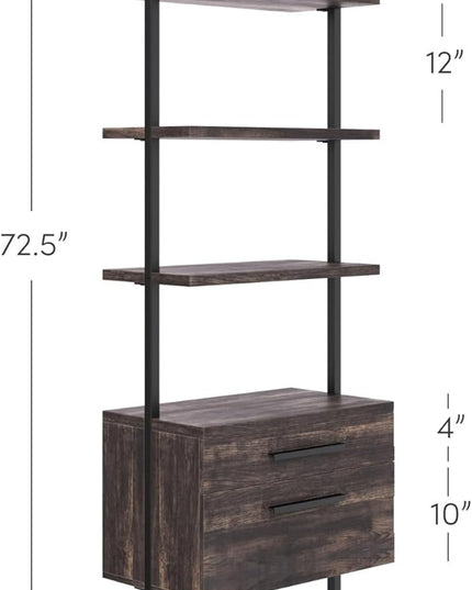 Nathan James Theo Industrial Bookshelf with Wood Drawers and Matte Steel Frame, 3-Shelf, Nutmeg/Black - LeafyLoom
