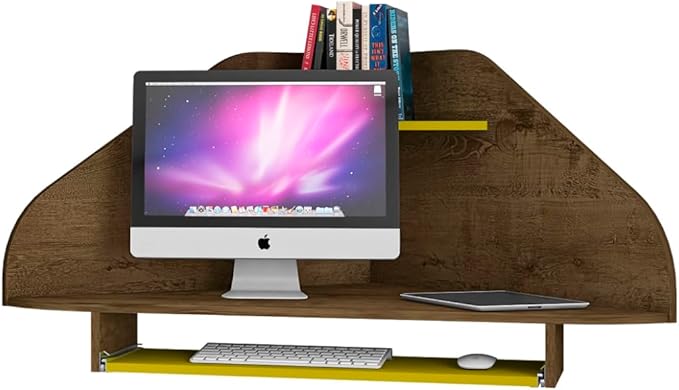 Manhattan Comfort Bradley Mid Century Modern Home Office Floating Corner Desk with Keyboard Shelf, 43.98", Rustic Brown/Yellow - LeafyLoom
